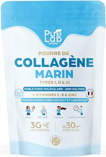 Collagène Marin (poudre) Types 1 2 3 + Vitamines C & E + Zinc, 30 portions, Peau & Articulations, Hydrolysé & Sans saveur, Peptides en Poudre, Fabriqué en France