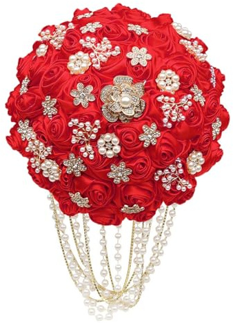 Gkvszy Bouquet da sposa rosso a cascata con spilla di strass e filo di perle a cascata bouquet da sposa per damigella d'onore Quinceanera raso rosa bouquet di fiori da sposa rosso 22,1 cm