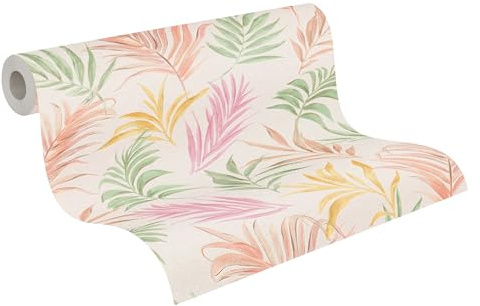 livingwalls papier peint intissé à motif de feuilles blanc, vert, rose et jaune – papier peint jungle exotique 10,05 m x 0,53 m de COSMOPOLITAN – 791083