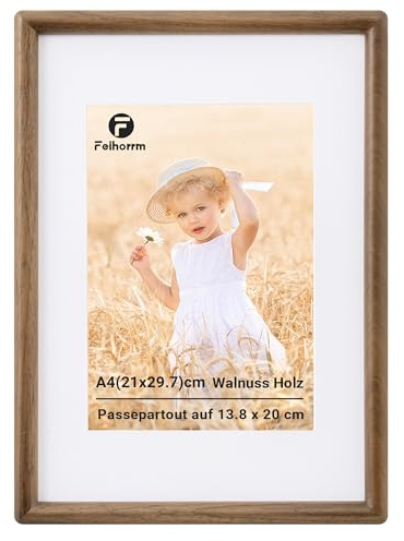 Feihorrm Bilderrahmen A4, Walnuss Fotorahmen mit Gehärtetem Glas | Rahmen mit Passepartout für 13.8x20cm Foto, Bilderrahmen Holz für Wohnzimmer, Schlafzimmer, Büro, Wand & Tischbilderrahmen