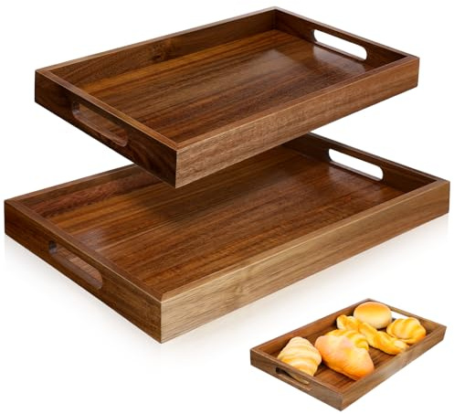 2 Pack Solid Acacia Wood Serving Trays with Handles, Rectangular Wooden Serving Platters, Decorative Servings Trays Set, Portable Ottoman Tray–Great for Lap &Couch, 16+15