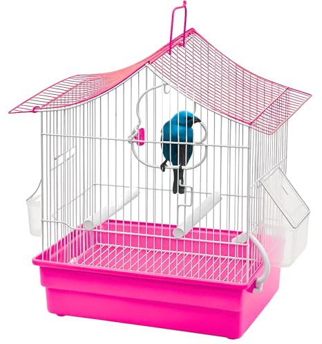 MOLY Vogelkäfig, 31 x 20 x 28 cm, Rosa, zusammenklappbares und abnehmbares Vogelhaus, Kanarienvogel, Wellensittiche und kleine Vögel, 2 Futternäpfe + 2 Sitzstangen + Schaukel | einfache Reinigung und