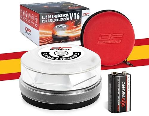 OF MOTOR Baliza V16 Homologada DGT 3.0 con Geolocalización – Luz de Emergencia Coche Ultrapotente 4× Visible Día/Noche –Máxima Cobertura Nacional Multioperador – Datos Incluidos hasta 2038