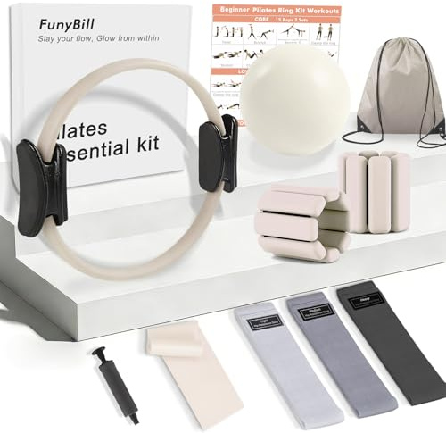FunyBill Pilates-Ring-Set, Pilates-Ausrüstung für das Heimtraining mit 35cm großem Magic Circle, Knöchel- und Handgelenkgewichten, Widerstandsbändern, für Anfänger geeignet, tolles Geschenk für Frauen