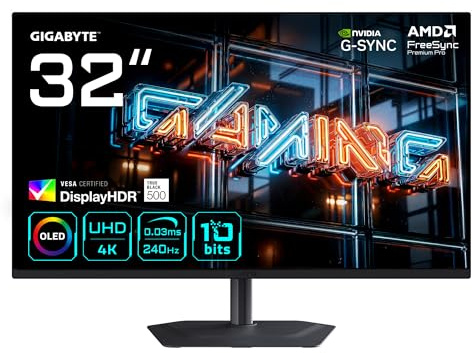 GIGABYTE MO32U24 Monitor Gaming OLED 32” 4K UHD - 3840 x 2160, 240Hz, 0.03ms, 300 CD/m², G-Sync Compatible, FreeSync Premium Pro, Display HDR True Black 500, HDMI 2.1, DisplayPort 1.4