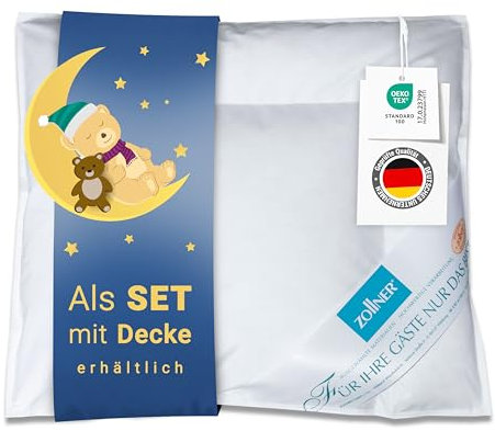 ZOLLNER dünnes Kinder & Kleinkinder Premium Daunenkissen aus 90% Daunen und 10% Federn - Bezug aus hochwertiger Baumwolle - Made in Germany - waschbar bis 60°C - 35x40cm - für Kinder bis 2 Jahre