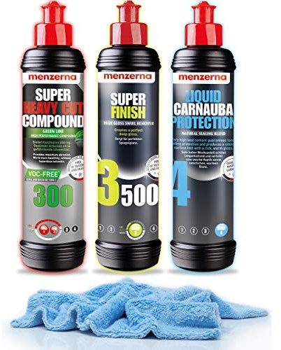 Detailmate Auto Politur Set - Menzerna Autopolitur Super Heavy Cut Compund HC300 + Super Finish SF3500 + Liquid Carnauba Protection - 250 ml - extra langfloriges Mikrofaser Poliertuch 550 GSM