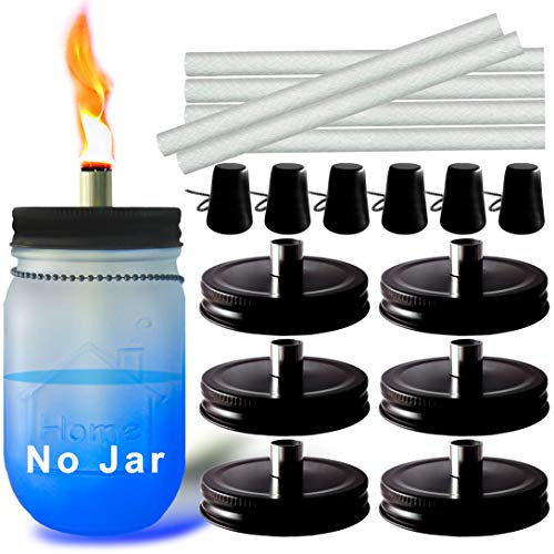 Mason Jar Tabletop Torches Kits,6 Pack Regular Mouth Lids with Protective Tube,Long Life Fiberglass Wicks and Caps,Outdoor Oil Lamp Lights for Patio Garden Camping Decor(Black)