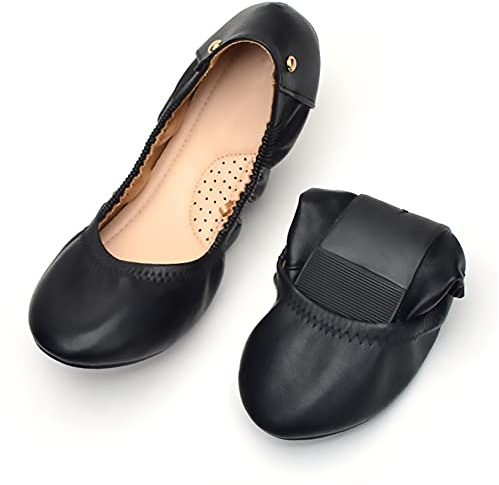 Dernolsea Zapatos planos de ballet para mujer, de piel sintética, punta redonda, elásticos, plegables, zapatos de bailarina Dolly, Black, 39.5 EU