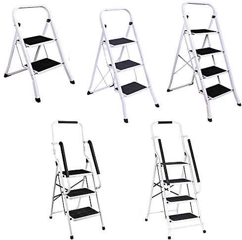 Step Ladder, Heavy Duty Steel, Folding, Portable With Wide Anti-Slip Mat and rubber feet,3 Step,150kg Capacity