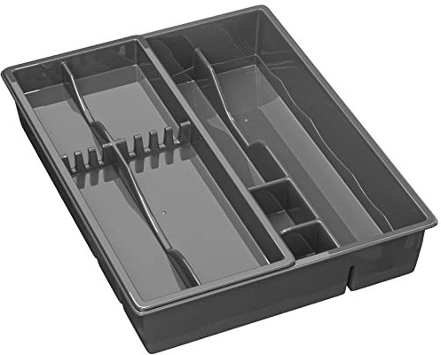 WELLGRO Besteckkasten - 39 x 30,5 x 7,0 cm (LxBxH) - 7 Ablageflächen - Made in EU - Material BPA-freier Kunststoff - Besteckeinsatz - Besteck Kasten, Farbe:Grau