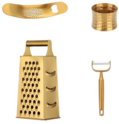 MINGYU Accesorios de cocina profesionales, 4 unidades, rallador dorado de 4 lados, prensa de ajos, pelador de patatas y manzanas, pelador de maíz de acero inoxidable, ideal para verduras y frutas