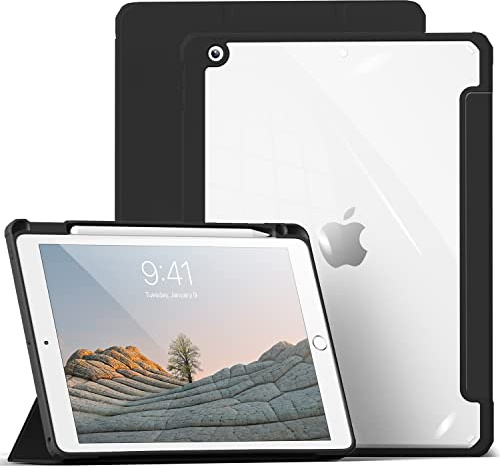 aoub Hülle für iPad 9./8./7. Generation 10,2 Zoll 2021/2020/2019 | Smart Folio Hülle mit Stifthalter für iPad 10,2 9/8/7 Gen, Transparente Rückseite, Auto Schlafen/Wachen, Leichter, Schwarz