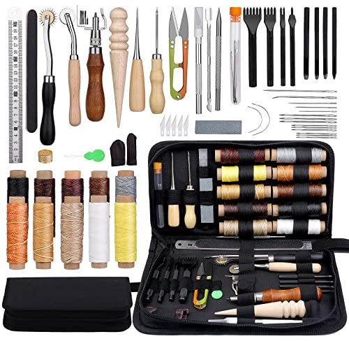 NAMOON Leather Working Tools, Leather Tools with 10 Rolls Waxed Thread | Leather Sewing Kit with Stitching Groover Awl for Cutting Punching, Leather Tools Sewing Craft Making and Craft DIY