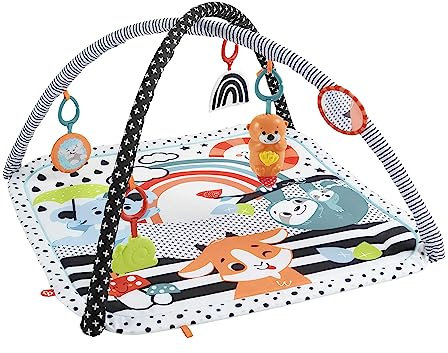 Fisher-Price Gimnasio de actividades musicales 3 en 1 Alfombra con luces, sonidos y accesorios, juguete para bebé recién nacido (Mattel HPF39)