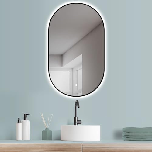 HOKO® LED Miroir Mural Ovale 45x75cm/75x45cm, Cadre Noir. Montage Vertical+Horizontal. Miroir de Salle de Bain+éclairage LED+Interrupteur Tactile+lumière LED Ajustable Chaud/Froid/Neutre 2700-6500k