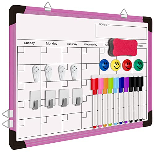 FINEW Whiteboard Magnetisch 40 x 30cm, Magnettafel Whiteboard Kalender, Hängende doppelseitige Whiteboards mit Alurahmen inklusive, Magnettafel Kann für Liste, Zeichnen, BüRo, Küche (Rosa)