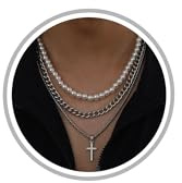 TOSGMY Pearl Necklace for Men Layered Cuban Link Cross Necklaces Mens Stainless Steel Chain Faux Pearl Choker Compass Pendant 3PCS Necklaces Set for Men Women Jewelry Gift