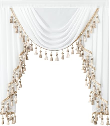 VOGOL Luxury Sheer Waterfall Valance for Windows, 39 Inches Wide White Swag Curtains for Wedding Party & Small Windows, Vintage Style Voile Window Topper, 1 Panel