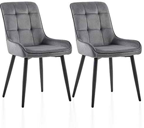 CLIPOP Esszimmerstühle Set Küchenstuhl Polsterstuhl Wohnzimmerstuhl Sessel mit Rückenlehne, Sitzfläche aus Stoffbezug, Metallbeine (2er Set, Samt Dunkelgrau)