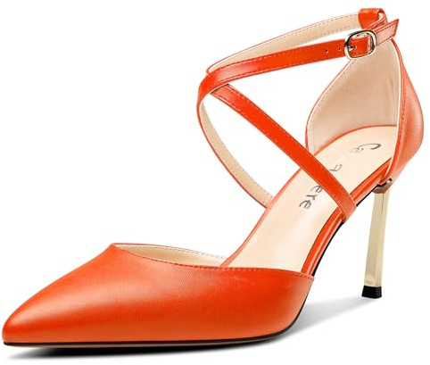 Castamere Femmes Haut High Talon Heel Pointu Bout Escarpins Lanières Cheville Lanières Croisées Mariage Dress 8.5 CM Heels Orange 38 EU