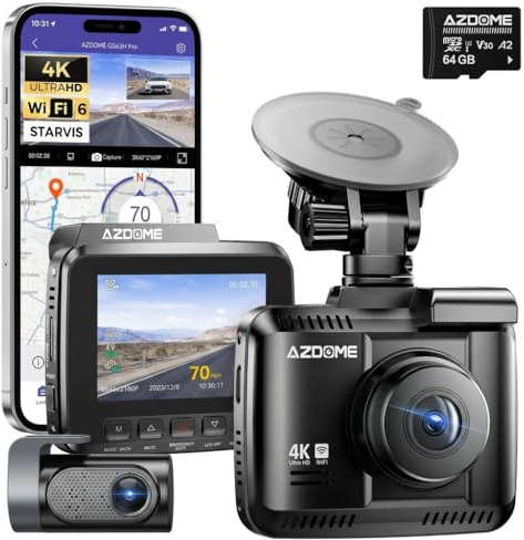 AZDOME WiFi 4K Dash Cam Front and Rear, 4K+1080P Dual Dash Camera for Car, Free 64GB Card, Motion Detection 24H Parking Mode Dashboard Camera Built-in GPS WDR Night Vision, GS63H Pro