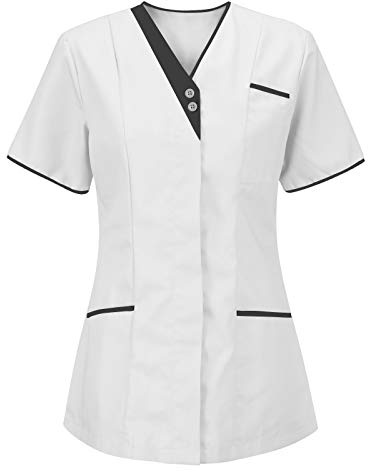 Henagehde Blouse Medicale Femme Manche Courte Col en V Blouse de Travail Femme Infirmiere Professionnelle Uniforme D'infirmière Uniforme De Travail Femme Blouse avec Deux Poches