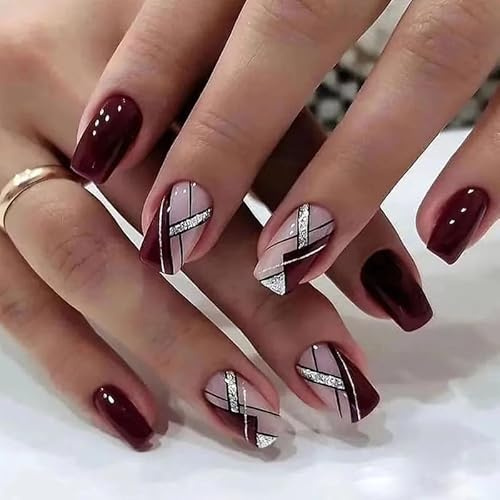 Angwis 24pcs Medium Length Square False Nails Burgundy Press on Nails Glitter Silver Line Stick on Nail Removable Glue-on Fake Nail Art Accessories for Women
