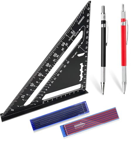 Scettar Zimmermannswinkel Set, 180mm Winkelmesser Anschlagwinkel, Tieflochmarker Zimmermannsbleistift Mit Bleistiftminen, Multifunktional Schreinerwinkel Für Präzises Messen, Markieren, Plotten