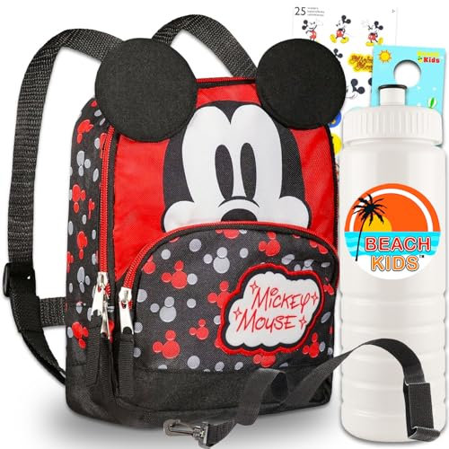 Mochila con arnés de Mickey Mouse para niños pequeños – Mochila de Mickey para niños con mini mochila escolar de 10 pulgadas, botella de agua, calcomanías, más | Bolsa de correa para niños pequeños de