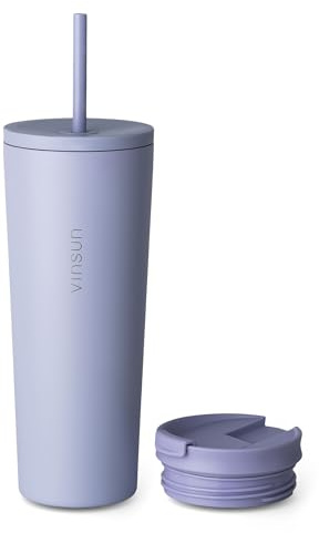 VINSUN Mug Isotherme avec Paille et Couvercle 720ml - Acier Inoxydable, Anti-Fuite, Double Paroi, Boissons Chaudes et Froides - Tasse Isotherme pour Voyage, Voiture, Uni