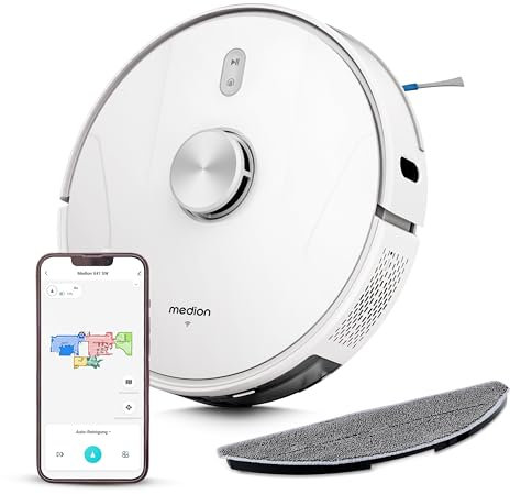 MEDION Saugroboter mit Absaugstation, Lasernavigation und Wischfunktion X41 SW+ (Starke 8000Pa Saugkraft, 2in1 Roboterstaubsauger, präzise Kartenerstellung, Go & No Go Bereiche, mehrere Etagen)