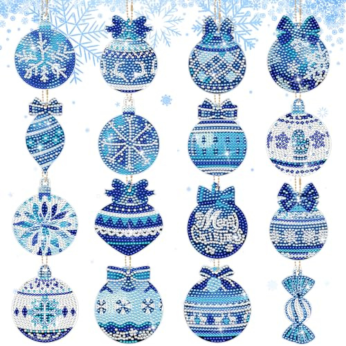 SelfTek Diamond Painting Weihnachten Anhänger - 16 Stück Diamant Painting Geschenk für Weihnachten Doppelseitige Diamondpainting Schlüsselanhänger Weihnachtskugel für Weihnachtsbaum Deko