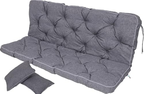 TexDeko® Ecolen Bankauflage mit Rückenlehne Outdoor 160x50x56cm Grau | Gartenschaukelkissen für Gartenbank mit Leinenoptik, wasserabweisend, UV-beständig, Polsterauflage mit Paspelrand