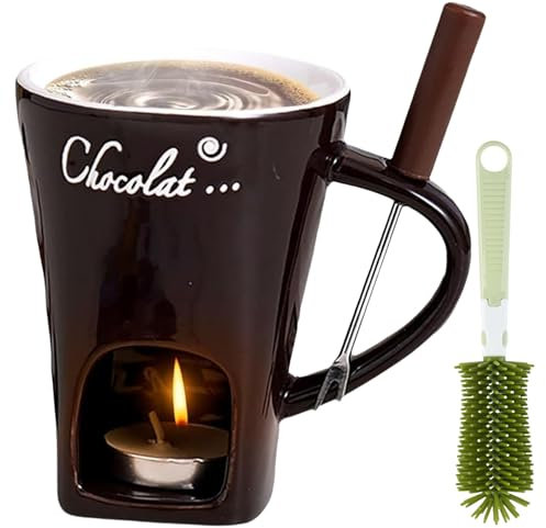 Chocolate Fondue Mug Set with Forks, Ceramic Personal Melting Cup for Cheese & Chocolate, Mini Fondue Pot with Tealight Candle, Perfect for Date Night & Gifts (Coffee)