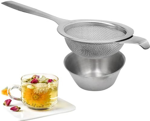Stainless Steel Tea Filter with Drip Bowl – Fine Mesh Tea Strainer for Loose Leaf Tea, Coffee, and Dry Ingredients, Non-Slip Handle, Easy to Clean, Rust-Resistant Kitchen Tool