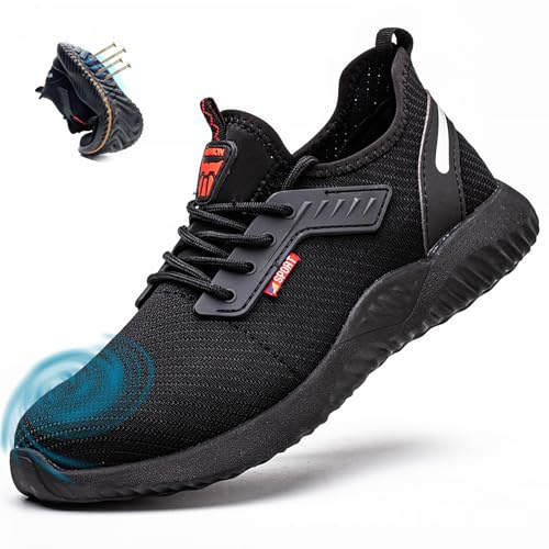 Vonair Unisex Lightweight Steel Toe Safety Trainers – Breathable, Non-Slip, Puncture-Resistant Work Boots for Men & Women, Black (Black, Adult, Men, 8, Numeric, UK Footwear Size System, Wide)