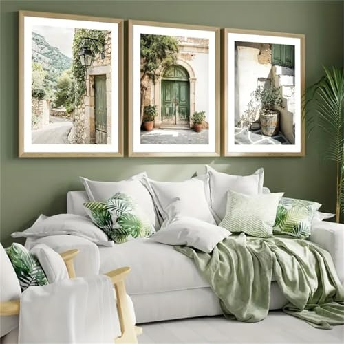Uixxducc 3er Premium Abstrakt Mediterrane Architektur Steinmauern Rustikale Grüne Türen Wandkunst Poster Set, Modern Bilder Wandposter Für Wohnzimmer Schlafzimmer, Ohne Rahmen（40 * 50）