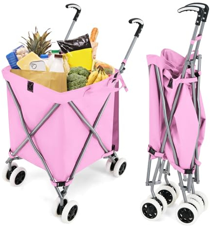 GiantexUK 90L Folding Shopping Trolley on 8 Wheels, Metal Frame Shopping Cart with Large Waterproof Bag and Ergonomic Handles, Lightweight Mobile Grocery Trolley for Home Laundry Supermarket (Pink)