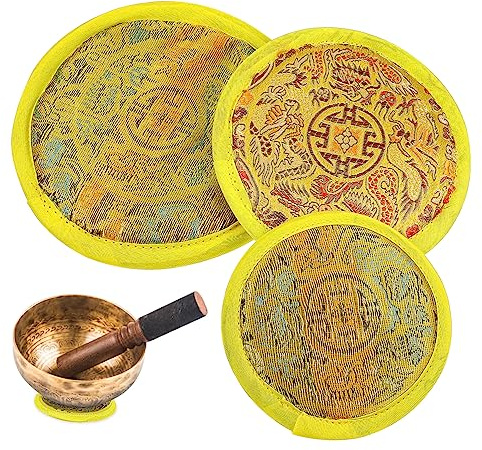 Klangschalen Untersetzer 3 Stück Gelb aus Baumwollstoff mit Stickmuster | Teekannen, Meditation und Klangbäder, als Untersetzer Nutzbar, Schützt als Unterlage