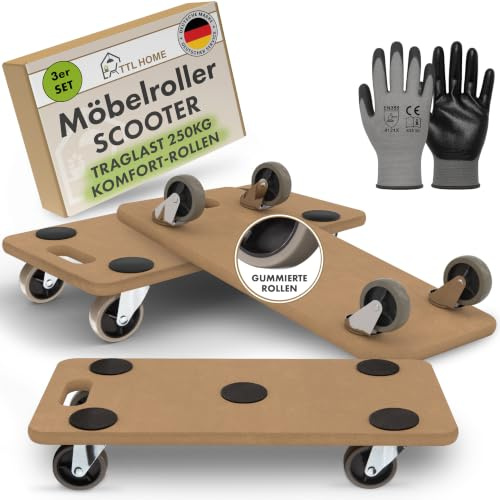 TTL HOME Möbelroller 3er Set Scooter 58x30x11cm 250kg Traglast 360° Rollen | - Rollbrett Transportroller mit Gummirollen & 5 Anti-Rutsch-Pads Stabiler Rollwagen für schwere Gegenstände Outdoor & Indoor