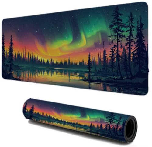 Alfombrilla Ratón, Alfombrilla Escritorio Gaming XXL 1000x600, Lago Aurora Mouse Pad Protector Escritorio, Bordes Cosidos Base de Goma Antideslizante, Accesorios para Oficina Hogar I-608