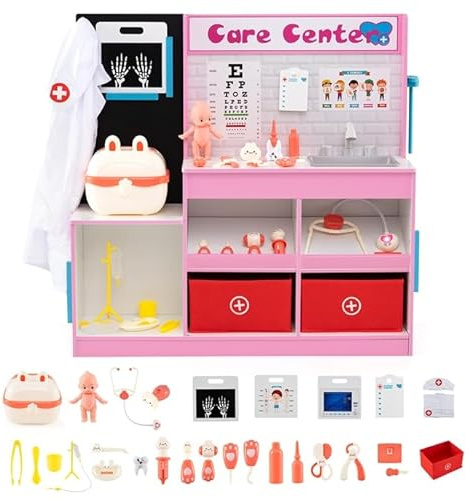 GOPLUS Jeu de Docteur Enfant, Centre Médical Éducatif Montessori avec 29 Accessoires Perfusion, Lavabo, Radiographies, Moniteur ECG et Tableau Optique, pour Garçons & Filles 3-6 Ans (Rose)