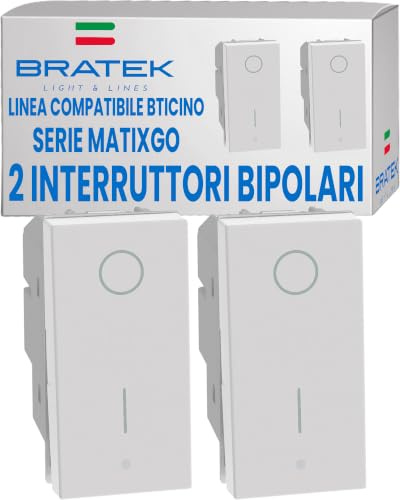 Bratek 2x Interruttore Bipolare 16A Compatibile BTicino MatixGo, Bianco | Sostituisce Interruttore Bipolare BTicino Matix Go JW4002 2P - Made in Europe, Illuminabile con LED Aggiuntivo Non Incluso