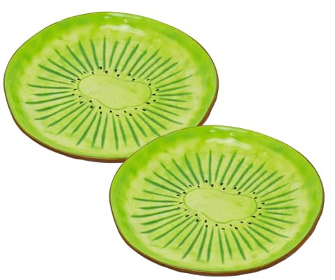 Carousel Home Set of 2 Ceramic Kiwi Plates, 16cm Round Green Glazed Fruit Shaped Snack Dishes for Desserts Tapas and Nibbles