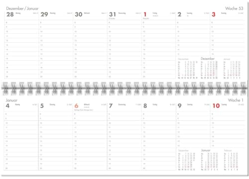 Wochenquerkalender 64 Seiten, 1 Woche = 1 Seite, Wire-O-Bindung, spitze Ecken, Druck 1farbig grau, 7.00 bis 20.00 Uhr, Einband Karton weiß, Größe: 29,8cm x 10,5cm