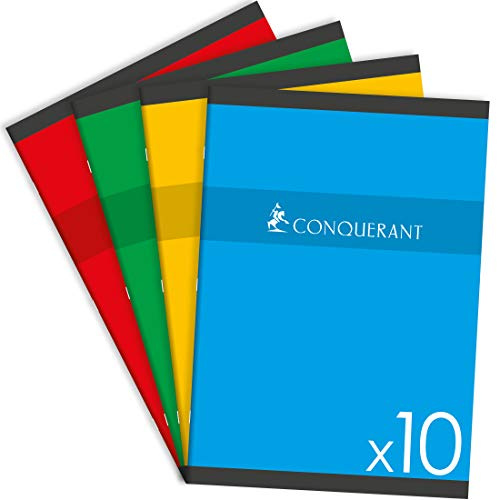 Conquérant Lot de 10 Cahiers de Devoirs 17x22cm Grands Carreaux Seyès 96 Pages Agrafées Couverture Carte Coloris Assortis