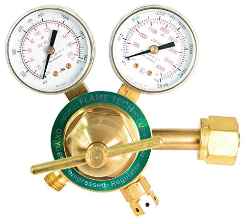 Flame Tech Medium Duty Oxygen Regulator, Easy to Read Dual Scale, Forged Brass Body and Bonnet, OEM Compatible Welding Gas Regulator, Victor Compatible