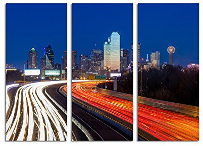 Paul Sinus Art 130x90cm – Keilrahmenbild Dallas skyline Nacht Langzeitbelichtung 3teiliges Wandbild auf Leinwand und Keilrahmen - Fotobild Kunstdruck Artprint