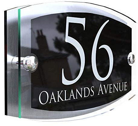 MODERN HOUSE SIGN PLAQUE DOOR NUMBER STREET GLASS EFFECT ACRYLIC ALUMINIUM NAME